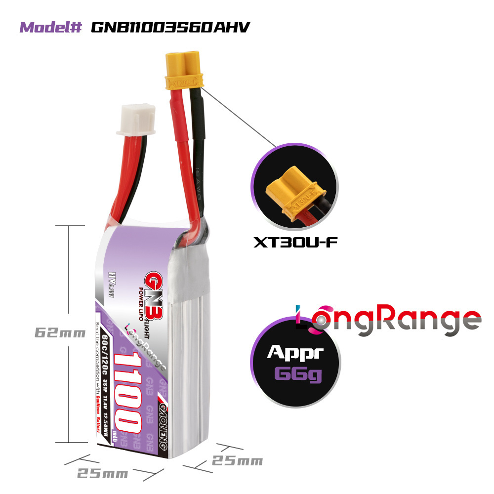 GNB 1100mAh 2S 3S 4S 6S 60C/12 - Drone Racing Battery 评论和价格